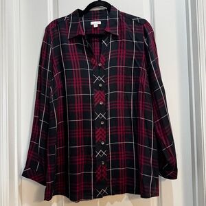 J Jill Red/Black Plaid Down Shirt Medium Long Sleeves armpit To Armpit 21”